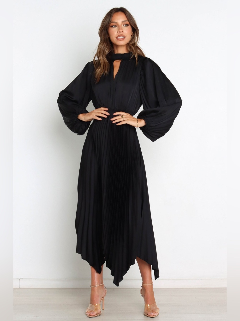 NEW Petal & Pup Eloise Black Pleated Satin Maxi Dress Wedding Guest Formal - Picture 7 of 11
